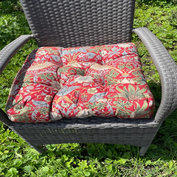 William Morris Armchair Booster Strawberry Thief Crimson Cushions
